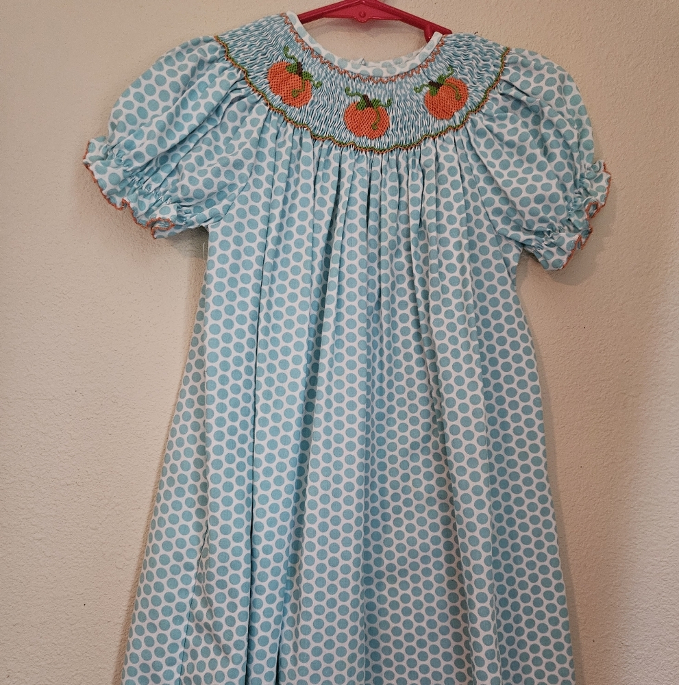 Blue Polka Dot Dress with Pumpkin Embroidery